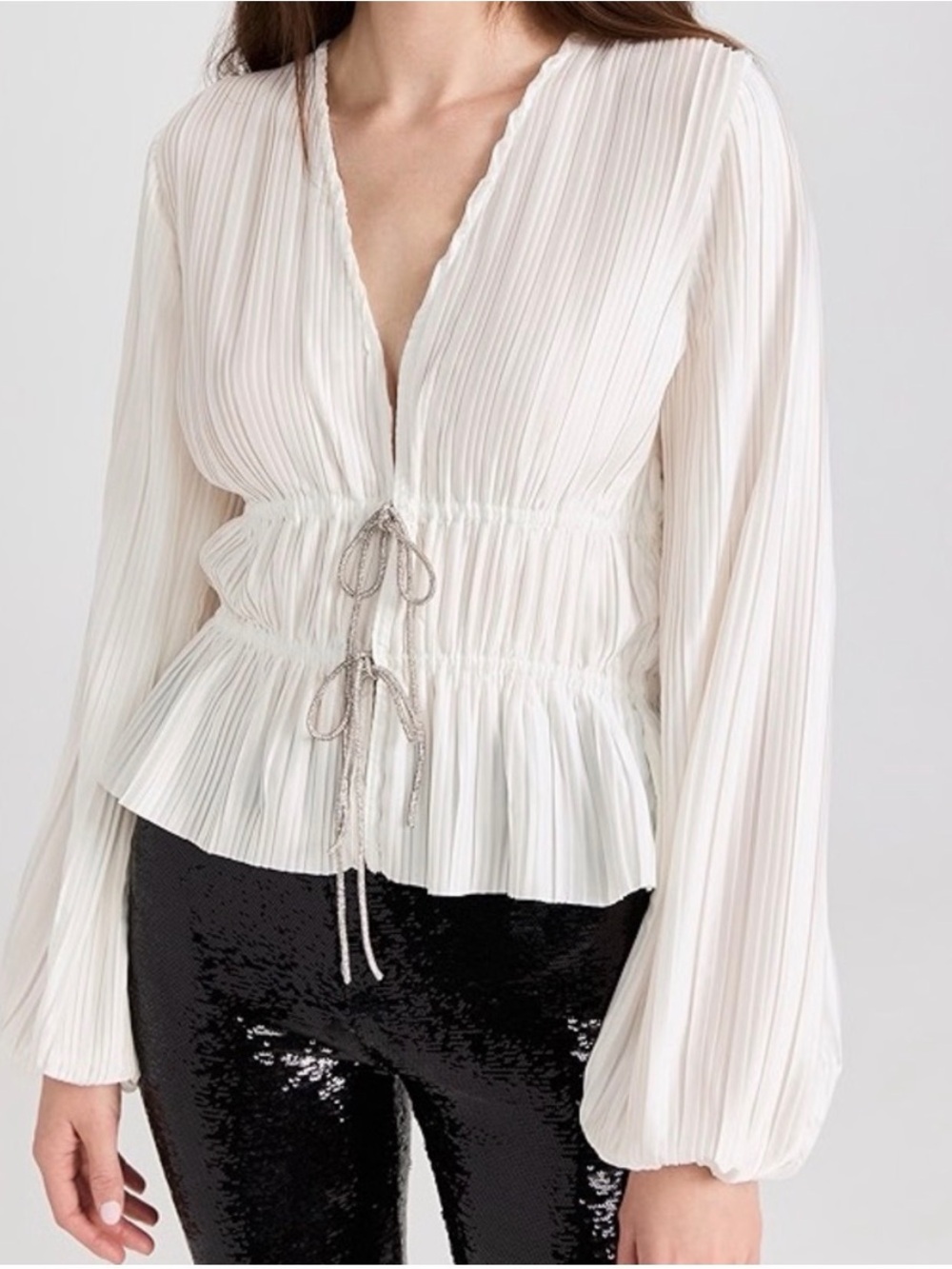 Wayf Payton Tie Front Pleated Blouse, Cream, Holiday, Medium